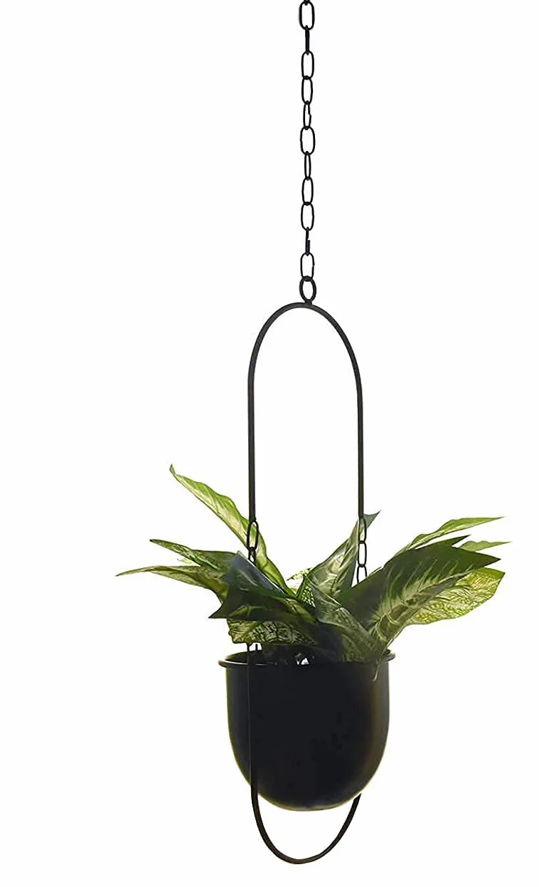 Decoración colgante para macetas, cesta de metal estilo boho, cesta colgante para plantas de interior, suculentas, plantas de aire, cactus (negro)