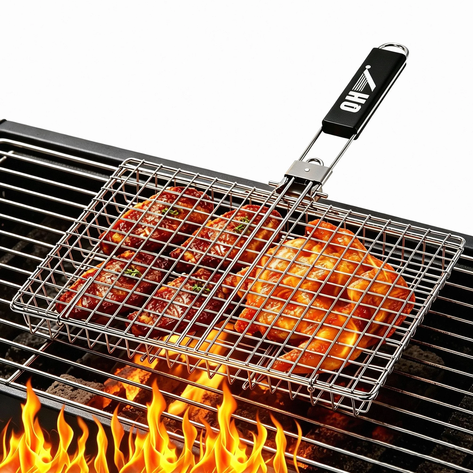 Cesta de Cocción de Acero Inoxidable para Barbacoa, Parrilla Plegable Portátil con Asa Extraíble, Malla Antiadherente para Pescado, Verduras, Gambas