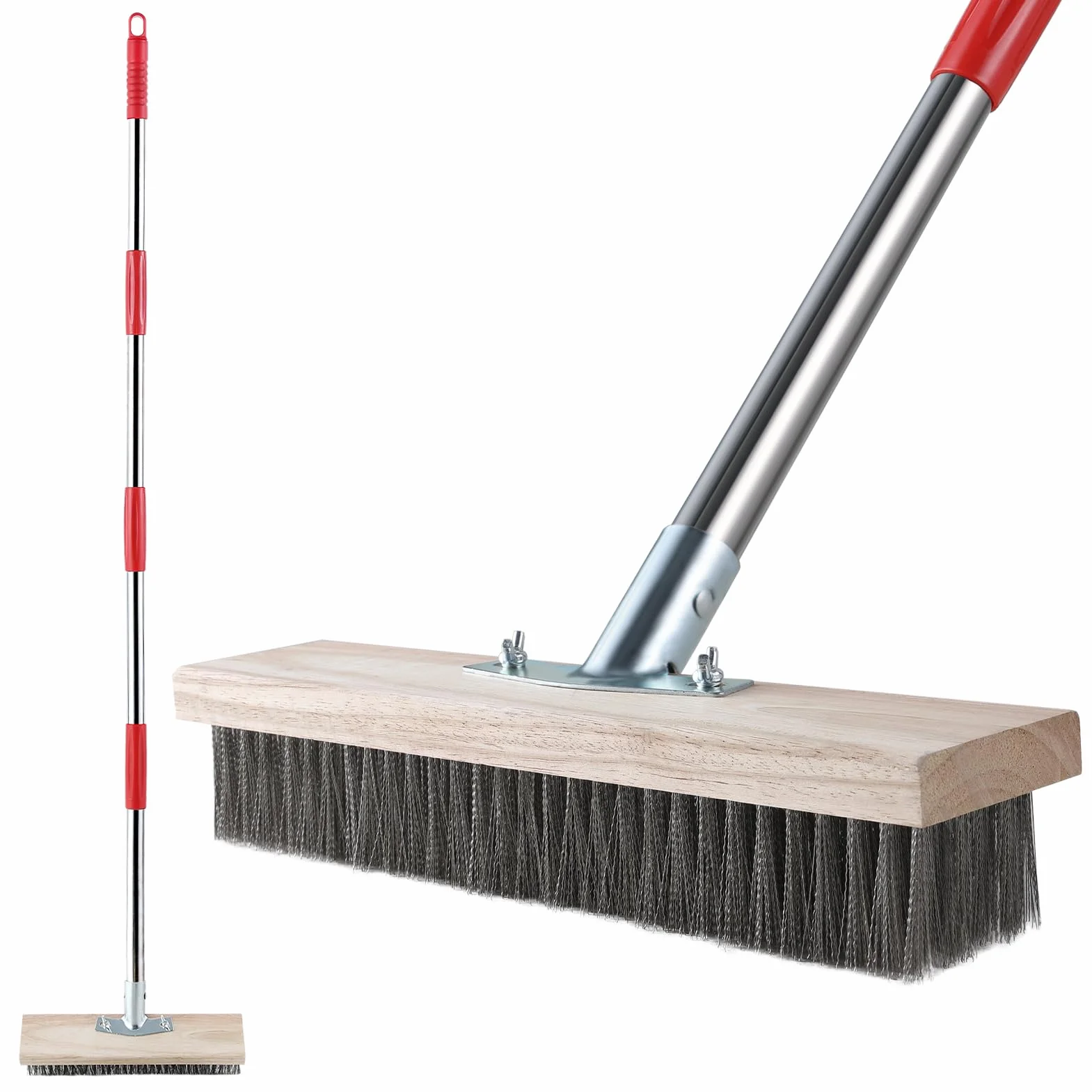 Mitclear Escoba de Alambre con Mango Telescópico (145cm), Cepillo de Cerdas de Metal Rígido para Eliminar de Musgo, Malas Hierbas y Manchas Difíciles, Escoba de Exterior para Patio, Terraza, Jardín