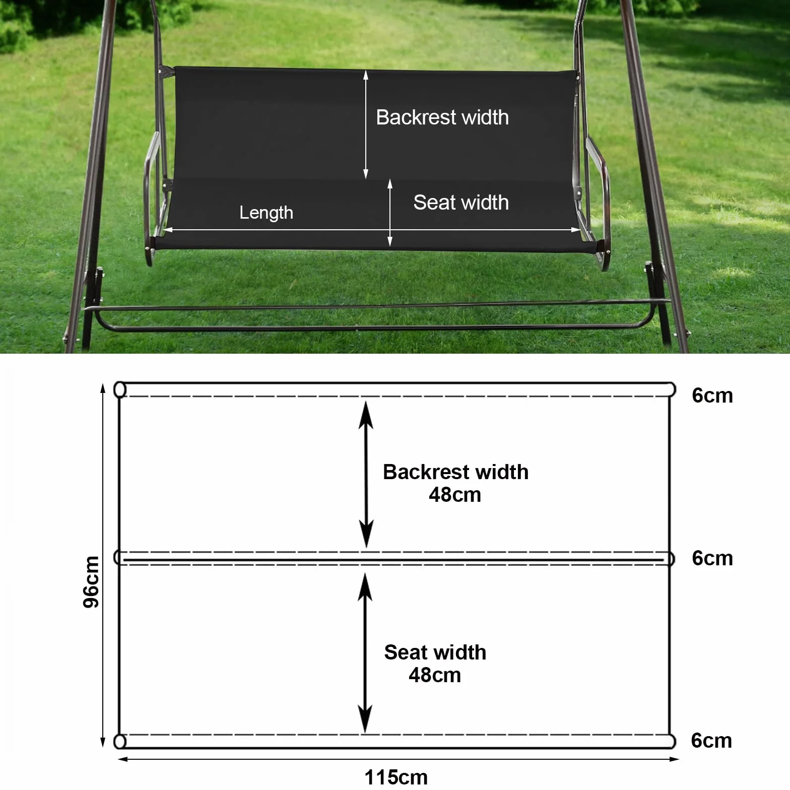 Funda de Asiento para Columpio de Jardín,Fundas para Silla de Jardín,Cubierta de Banco para Asiento,Funda de Repuesto para Silla Mecedora Exterior Patio Banco Balcón,115cmx48cmx48cm,Negro
