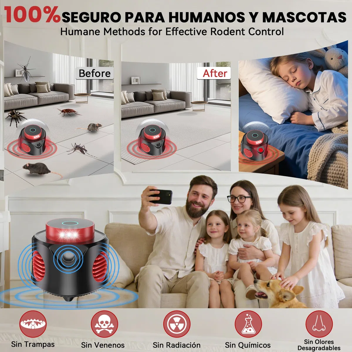 Ultrasonic Pest Repeller Ahuyentador de Ratones Ultrasónico, Repelente de Ratones Electrónico para Interiores con 4 Modos y Luz LED, Control de Plagas 360° para Ratas, Cucarachas, Murciélagos y Arañas