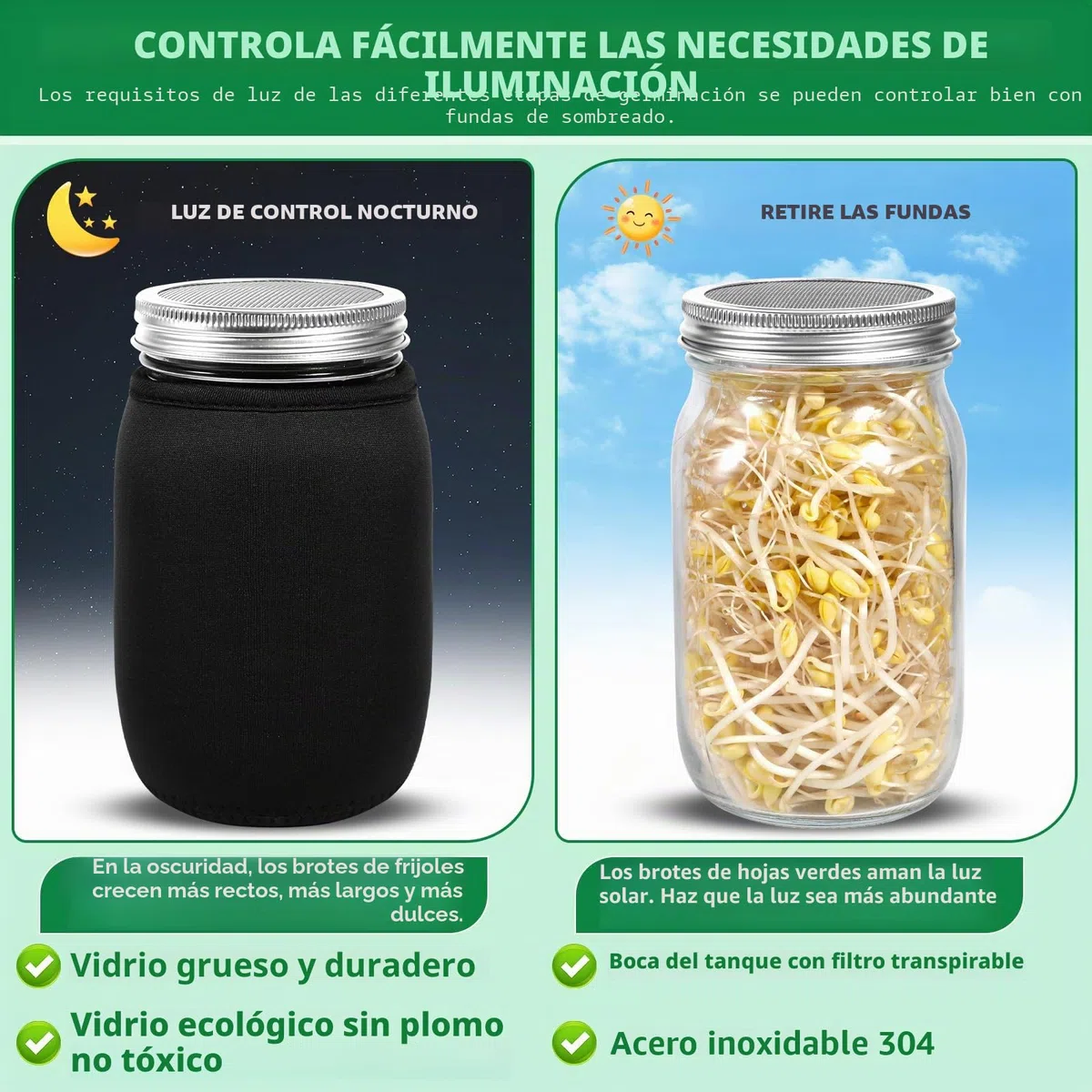 MOYKSRR Kit de Tarros de Germinación, Kit de Brote de Semilla con 2 1000ml Frascos de Vidrio, 2 Soporte, 1 Bandeja,2 Filtros de Acero Inoxidable, 2 Tela de Sombreado y Cepillo, para Cría de Brotes