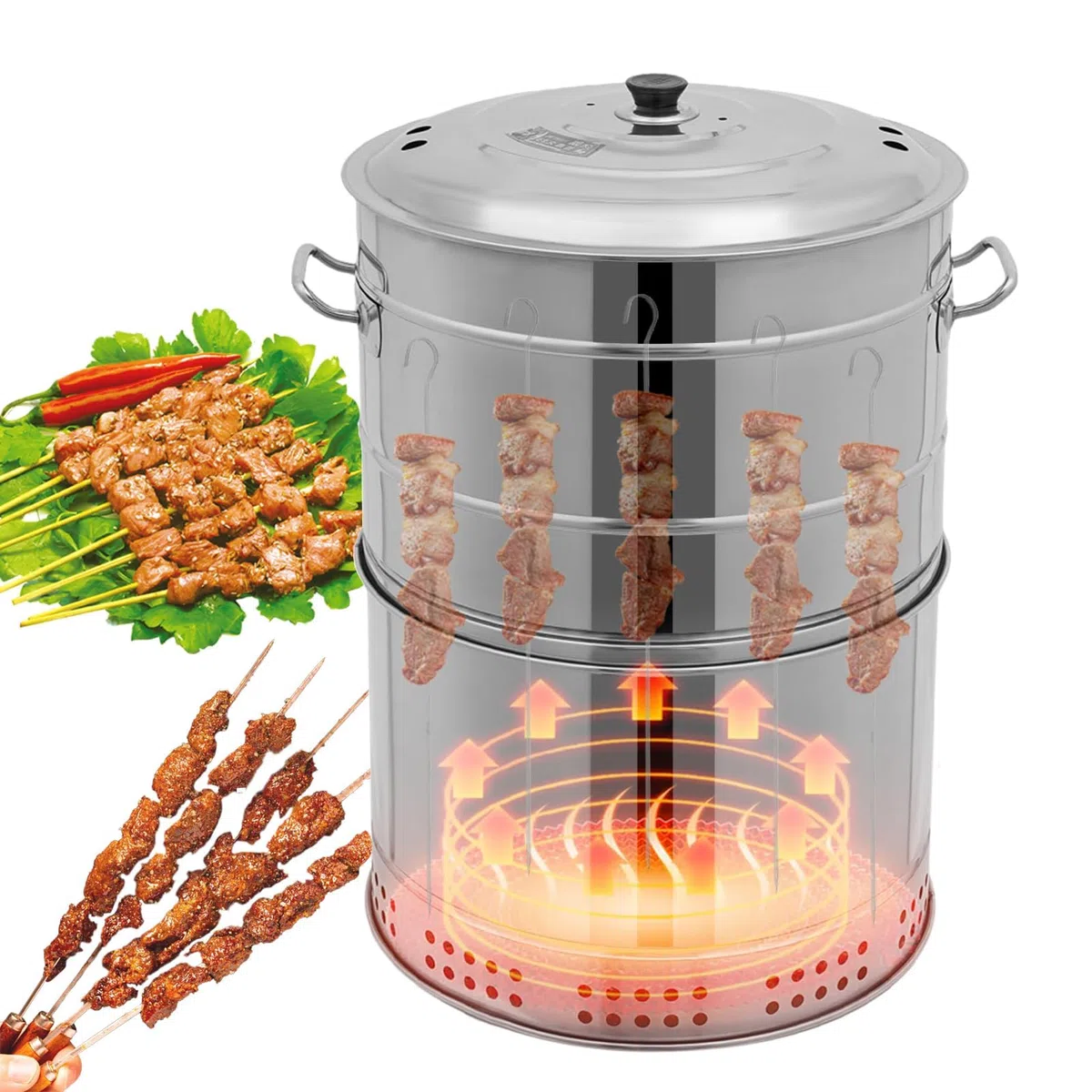 Parrilla portátil de carbón para barbacoa, ahumador vertical con 50 pinchos y olla de gran capacidad para fiestas en el jardín, camping y cocina al aire libre