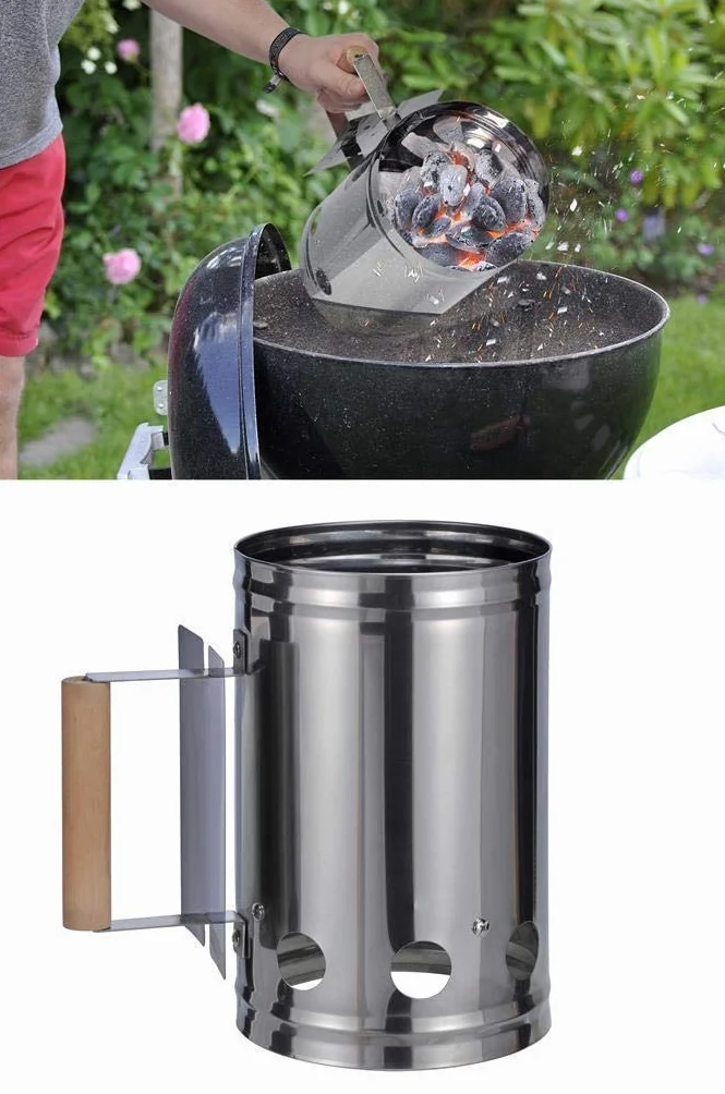 Bambelaa! - Encendedor de carbón para barbacoa con mango de madera, columna de combustión, encendedor para chimenea, color plata/negro, aprox. 17 x 27 x 27 cm, plata