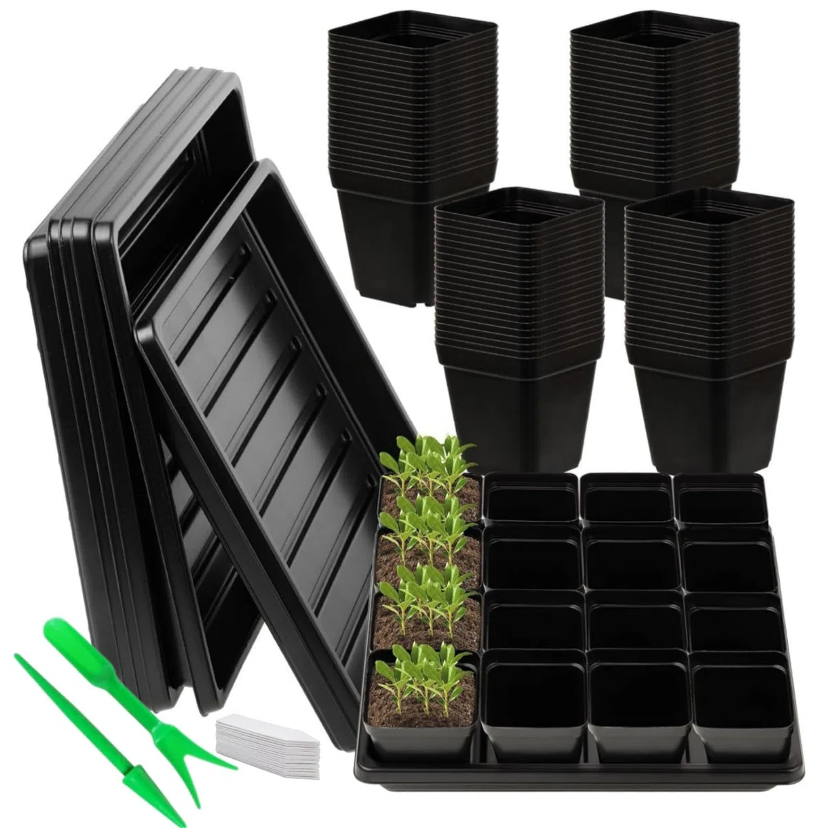 Macetas de Plástico Negro, 80 6.5cm Semilleros de Germinacion, Bandeja Semillero Kit Cuadrado, con 5 Piezas Bandeja a Prueba de Fugas, para Interior/Exterior Jardín Plantas Plántulas y Semillas