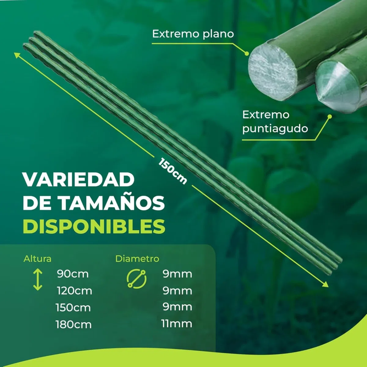 CONTROL GARDEN Pack 10 Tutores de Acero Plastificado para Plantas 150cm Ø 9 mm | Varillas Crecimiento Plantas | Soporte Cultivos Apto Interior y Exterior