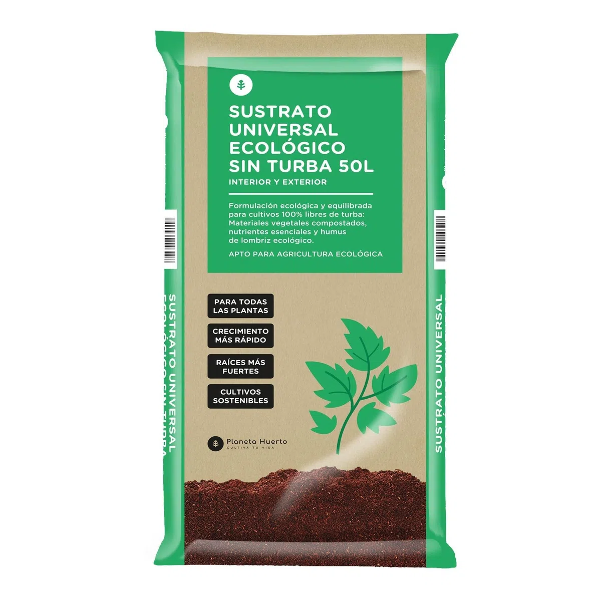 PLANETA HUERTO | Sustrato Universal Sin Turba ECO 50 L, Tierra Ecológica para Plantas de Interior y Exterior, con Humus de Lombriz - Sustrato Universal Ideal para Huerto Urbano y Jardinería Sostenible
