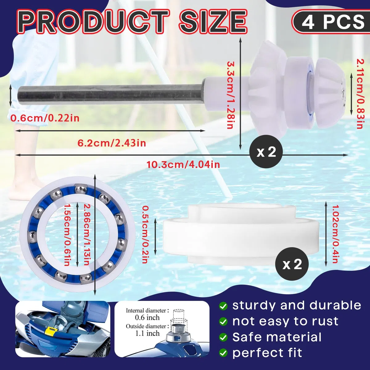 Paquete de 2 piezas de limpiador de piscina MX6 y piezas de repuesto Zodiac MX8 R0525100 y rodamiento de rueda del motor R0527000 incluidos. Accesorios de ajuste del eje de transmisión para MX8 MX8EL
