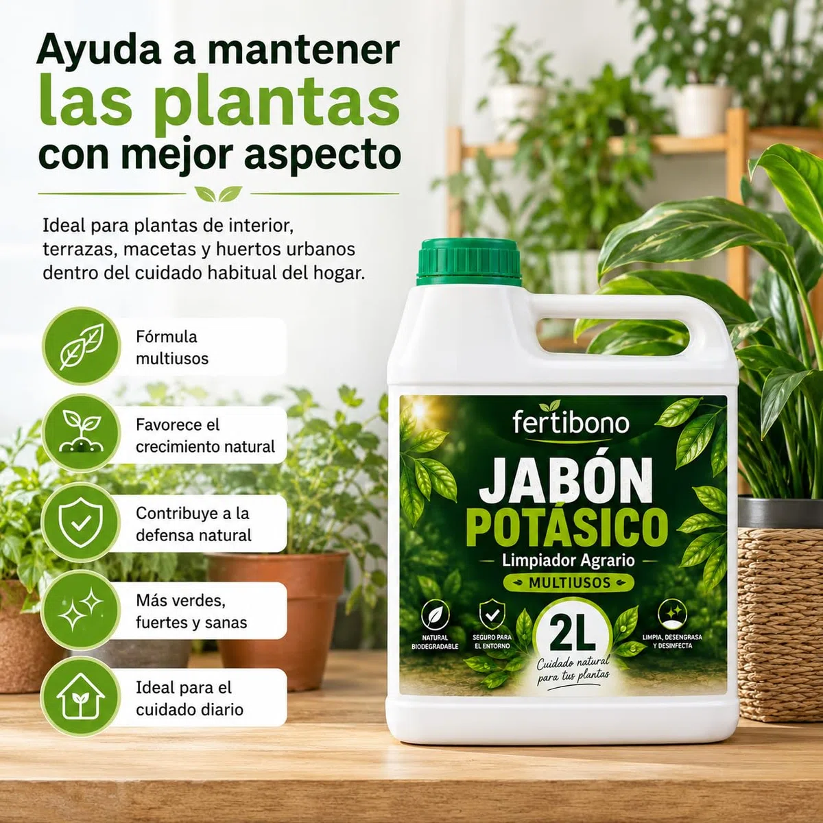 Jabón Potásico Concentrado 2L FERTIBONO para Plantas, Huerto y Jardín | Fórmula Líquida para Diluir y Pulverizar | Uso en Interior y Exterior