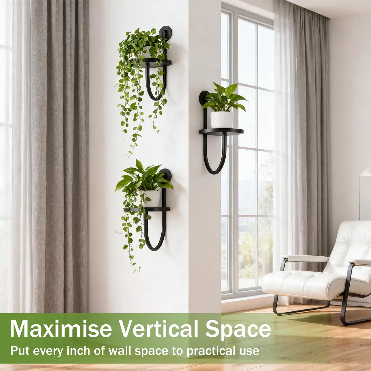 3 Piezas Maceta de Pared, Estantería Metálica para Plantas Interior o Exterior, Sala de Estar, Balcón, Jardín, Cocina y Dormitorio, Forma de U, Negro