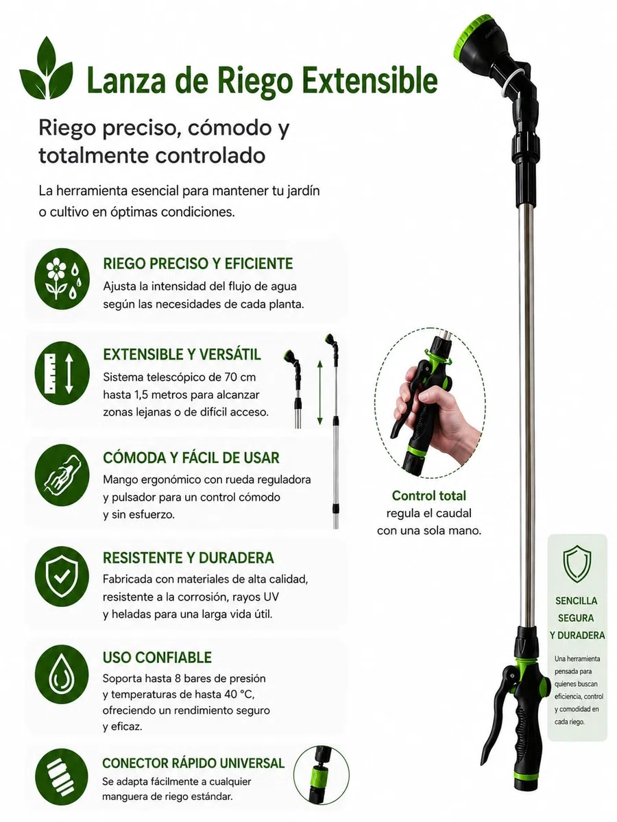 Lanza de riego Meliflor extensible (hasta 1,5 metros), con gatillo y válvula de ajuste para el paso del agua