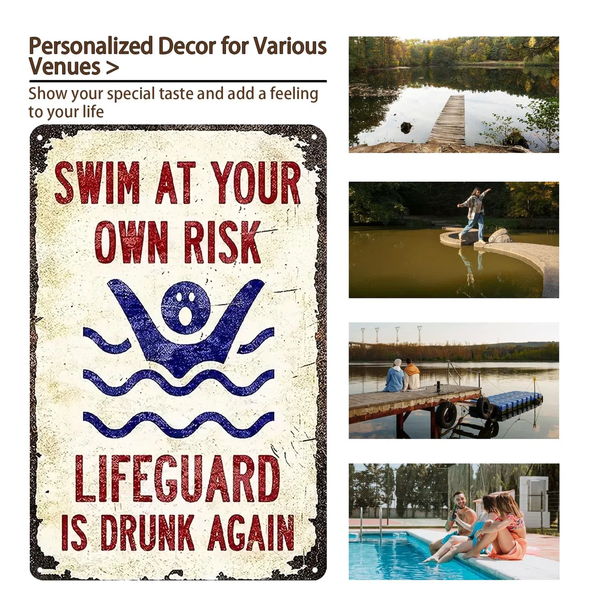 Letreros de metal con texto en inglés "SWIM AT YOUR OWN RISK" (2466)