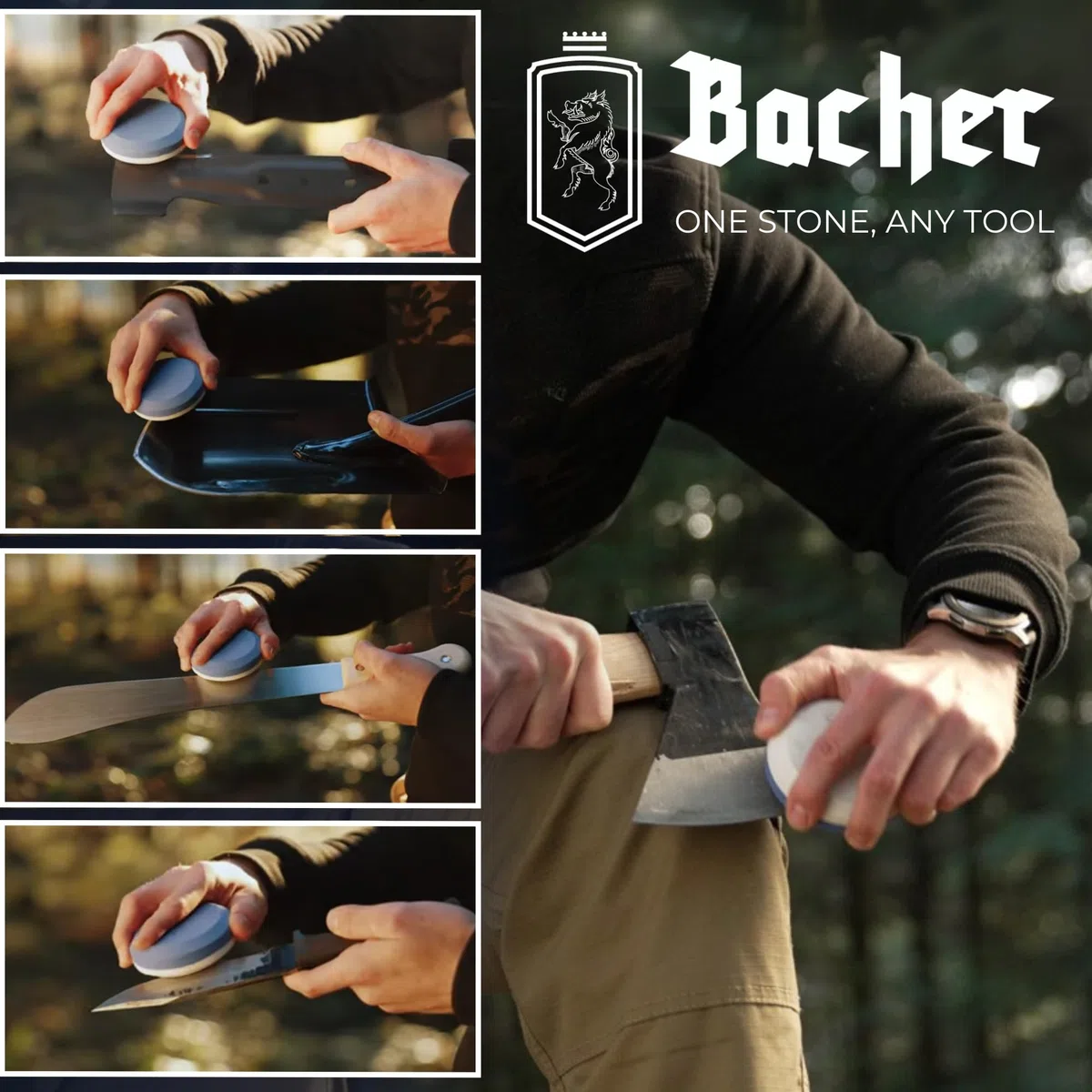 BACHER Premium Piedra Afilar Hacha Redonda, Afilador para Hachas y Cuchillos con Funda de Piel, Piedra de Afilar de Doble Cara (Grano 120/600)