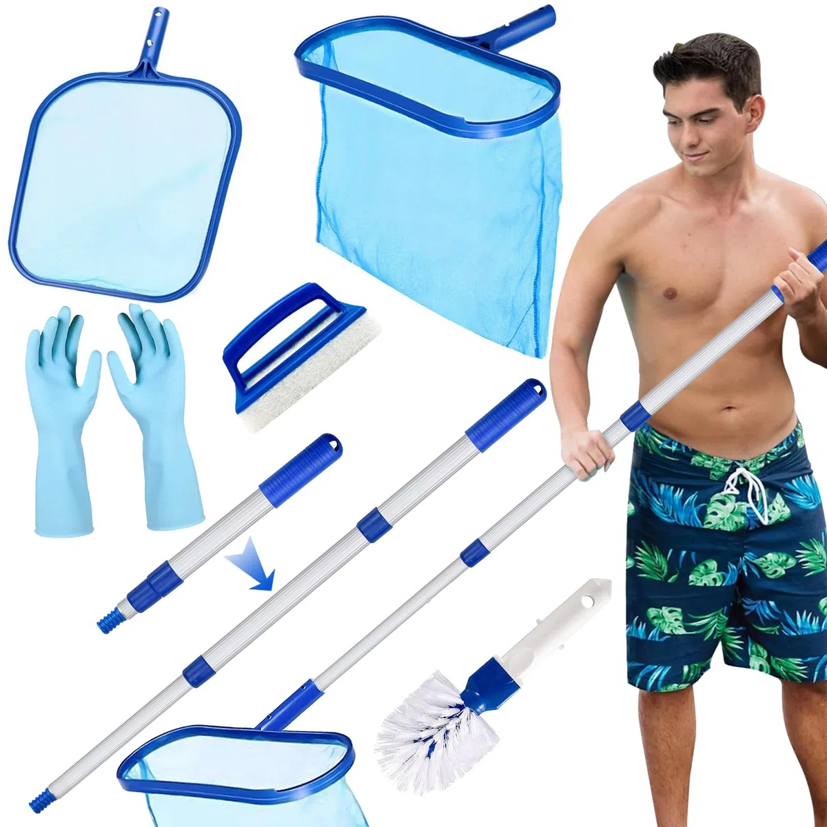Red de Limpieza de Piscina, Kit de Limpieza Piscina con Red de Malla Fina y Mango de Aluminio, Mantenimiento Piscina, Recoge Tierra Arena Limo Hojas para Piscinas, Fuente, Pecera