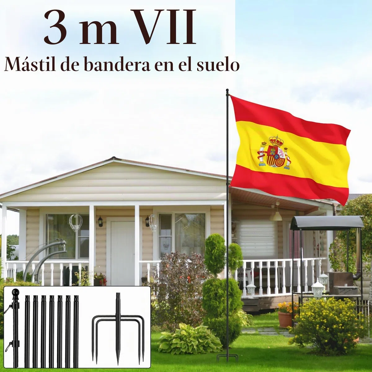 JAOGAUS Mastil Bandera, Mástiles de Bandera de Scero Inoxidable de Alta Resistencia para Suelo | con Estaca de 5 Puntas, para Jardín al Aire Libre.