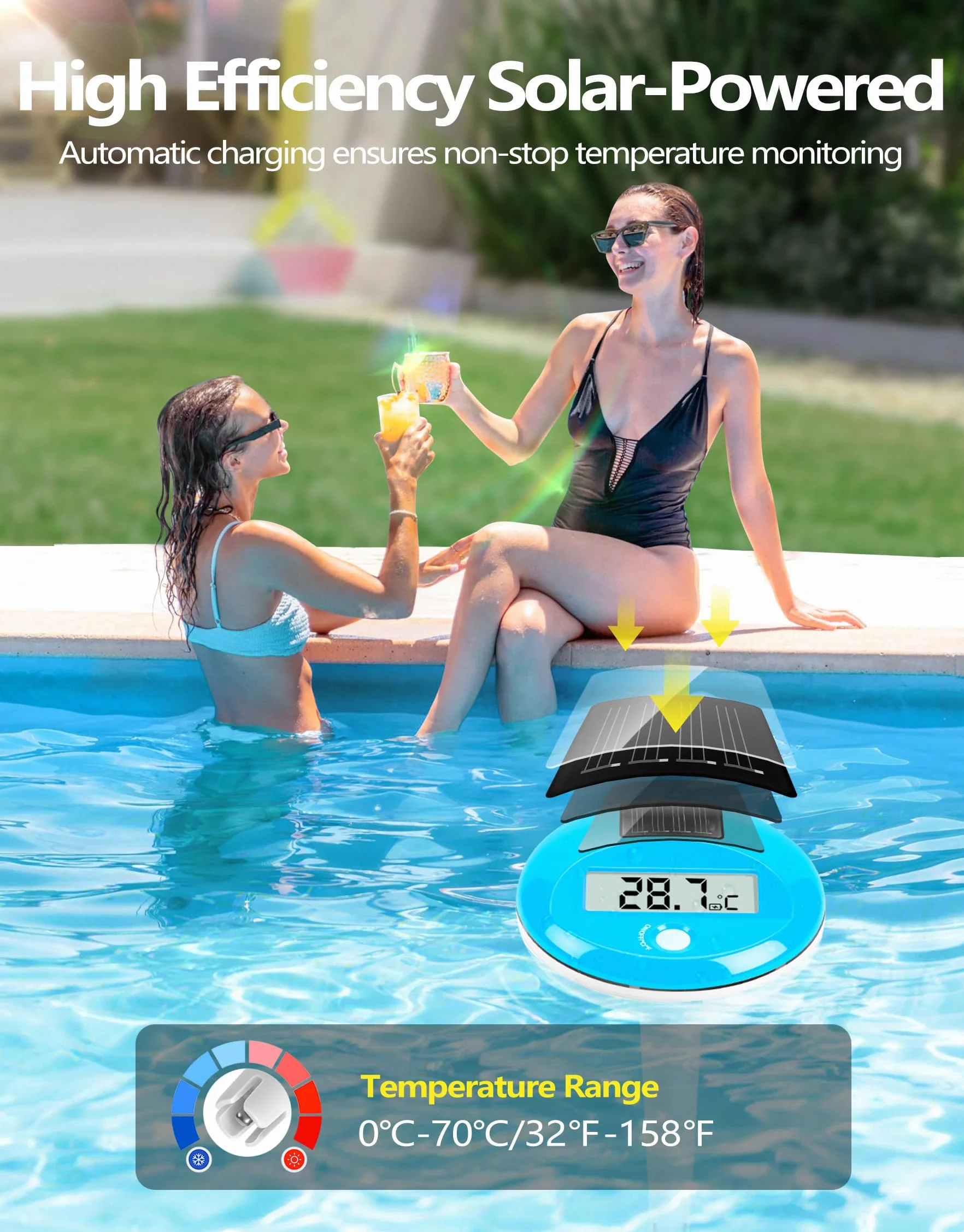 PoolLeader Termómetro Piscina Flotante | Solar Termómetro Digital Piscina con Cuerda | Pantalla LCD Grande para Facilitar la Lectura und IP68 Impermeable, Termómetro para Piscina Spa Estanque