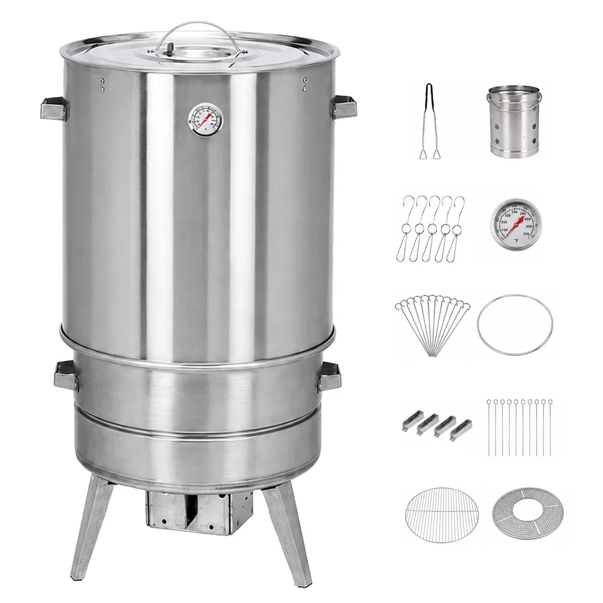 Horno Vertical Ahumador Acero Inoxidable 50cm Diámetro 85cm Altura Barbacoa Carbón con Termómetro y Accesorios para Camping Patio