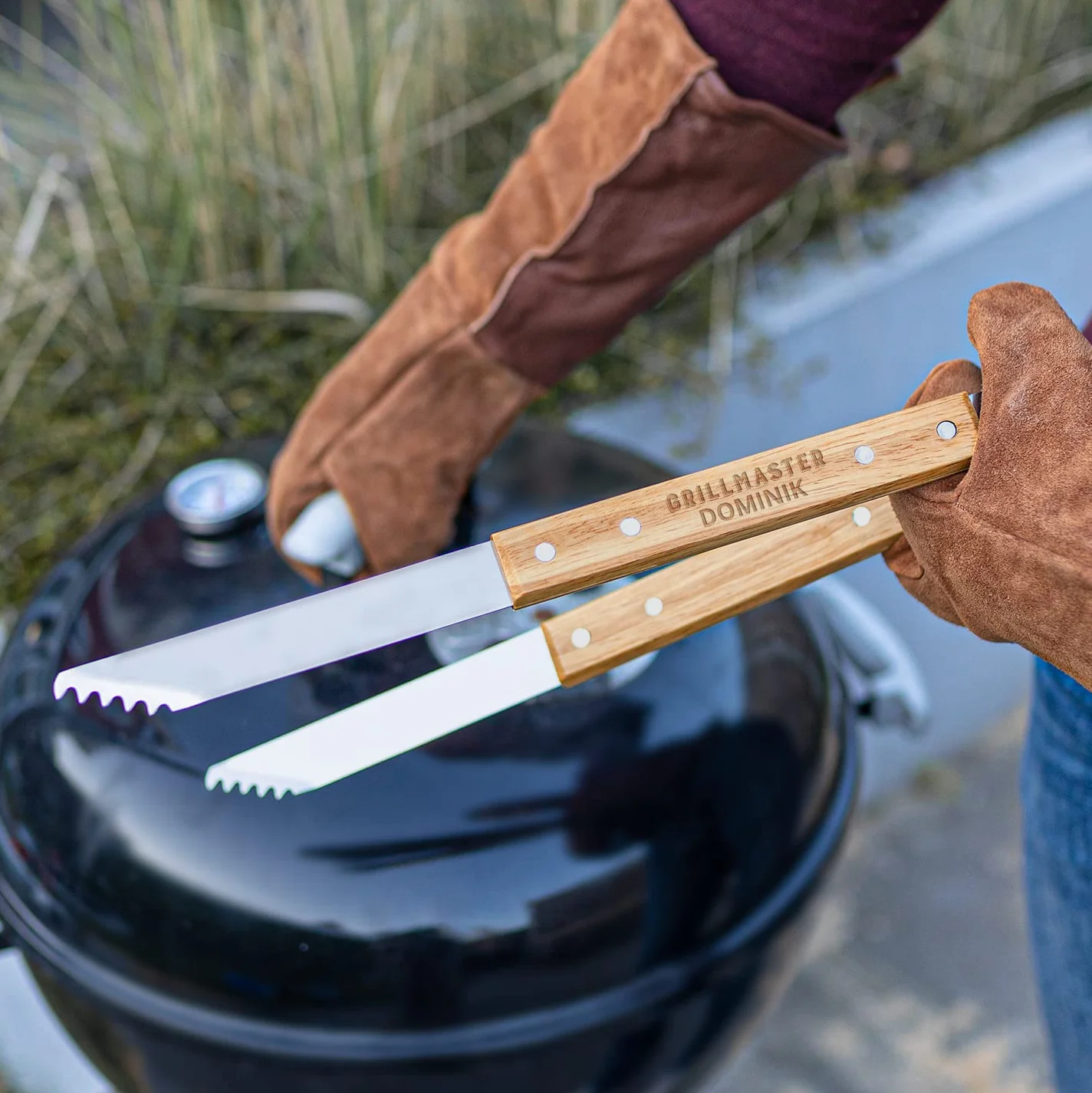 Pinzas para Barbacoa Personalizadas - Regalo para la Pascua, de Acero Inoxidable y Madera de Roble