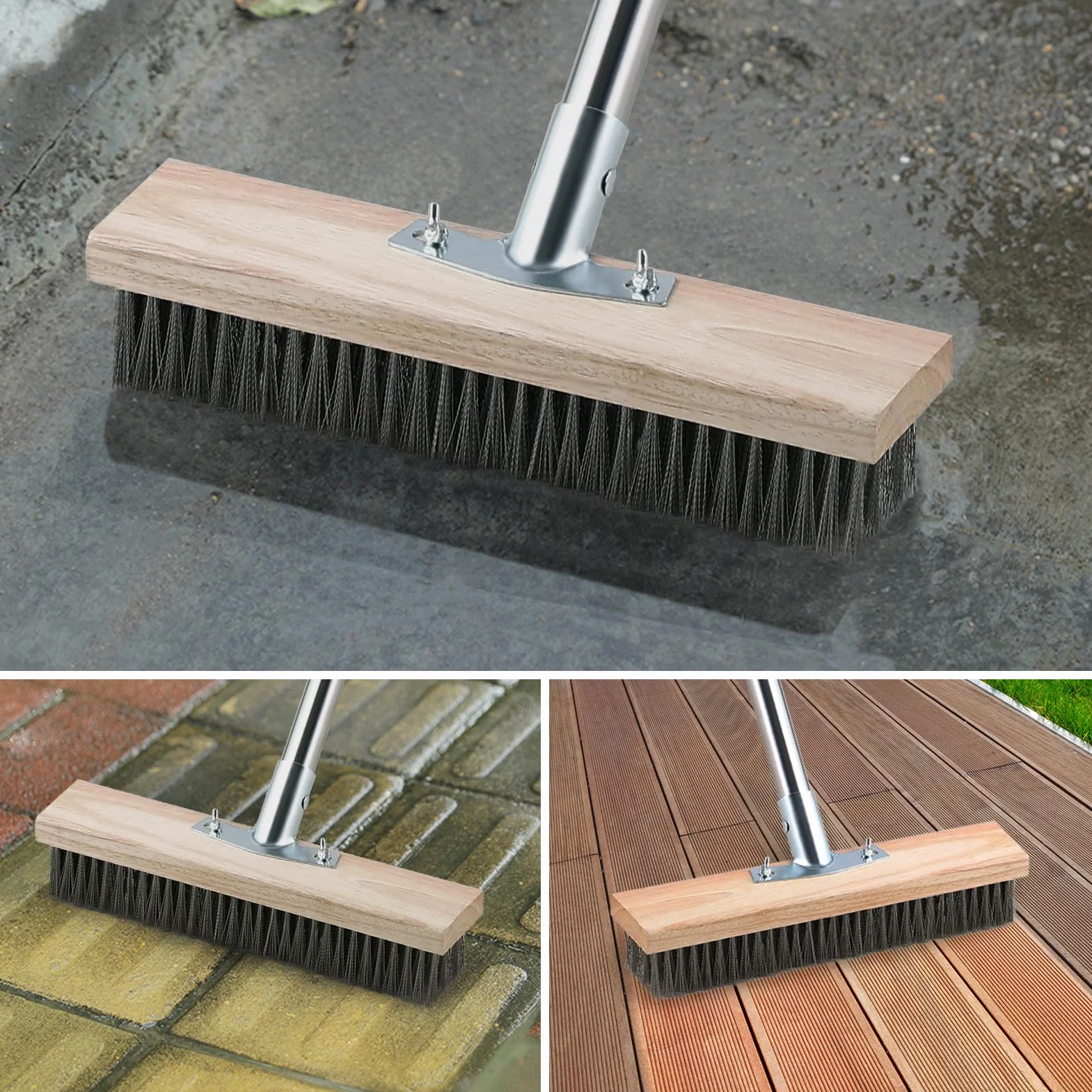 Mitclear Escoba de Alambre con Mango Telescópico (145cm), Cepillo de Cerdas de Metal Rígido para Eliminar de Musgo, Malas Hierbas y Manchas Difíciles, Escoba de Exterior para Patio, Terraza, Jardín