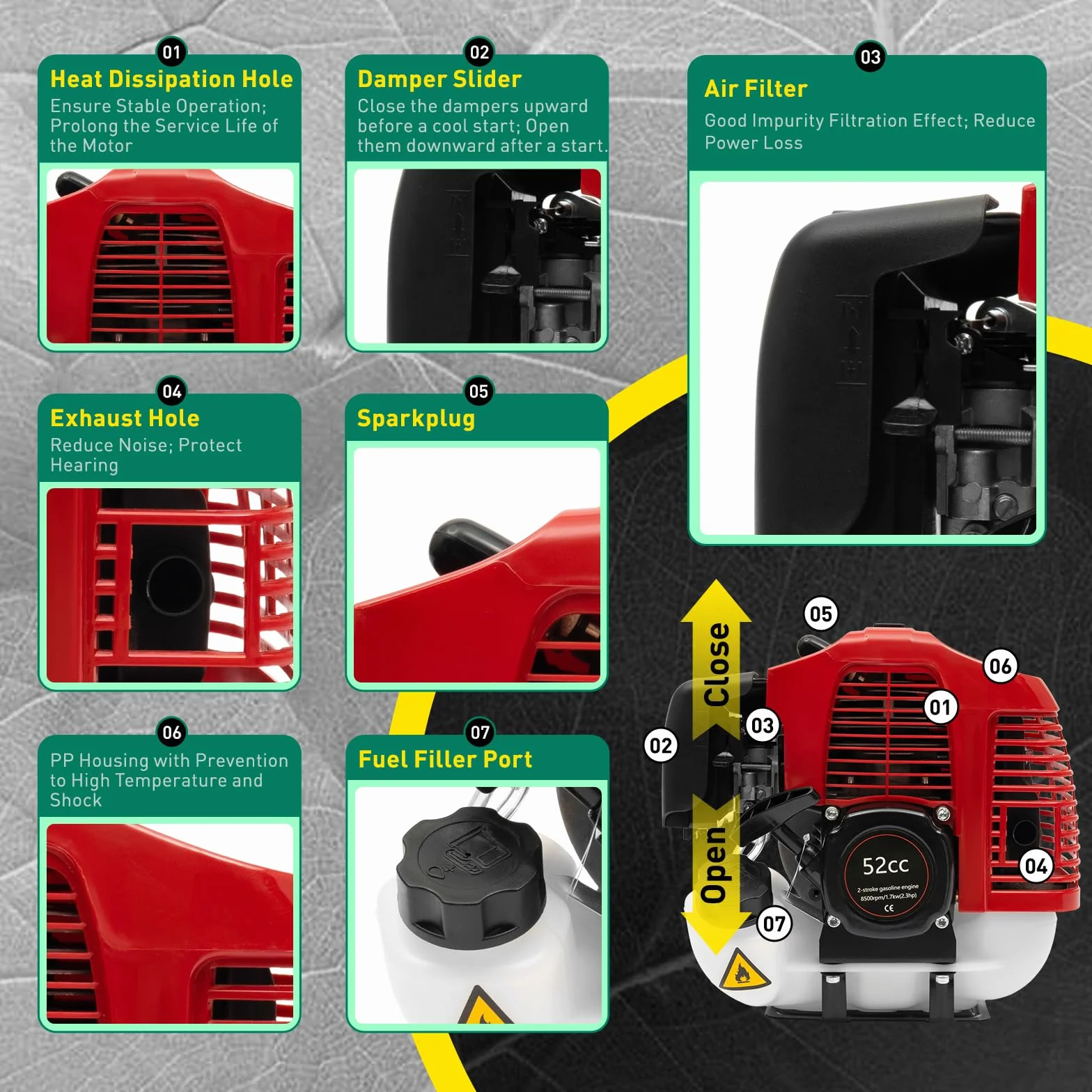 Barredora de gasolina de 52 cc, 1,25 kW, con gafas protectoras y correa para el hombro, barredora manual de 2 tiempos para nieve, hojas y tierra