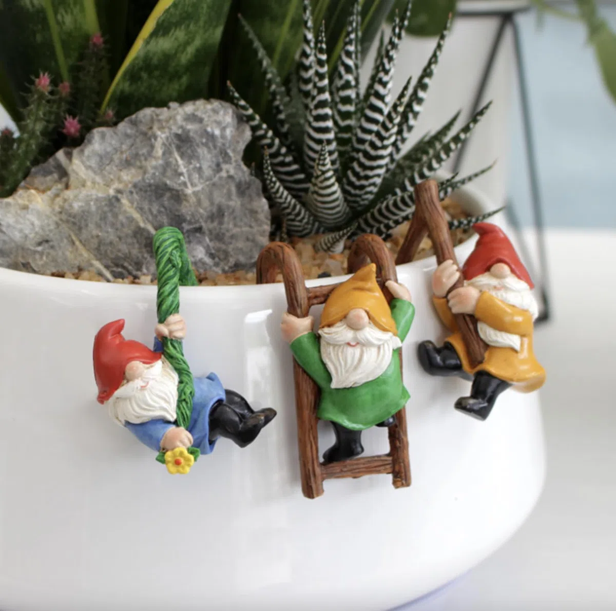 Juego de 3 gnomos de jardín para interior y exterior, miniatura, estatuas de esculturas para decoración de jardín, enano para patio, oficina, jardín, escritorio