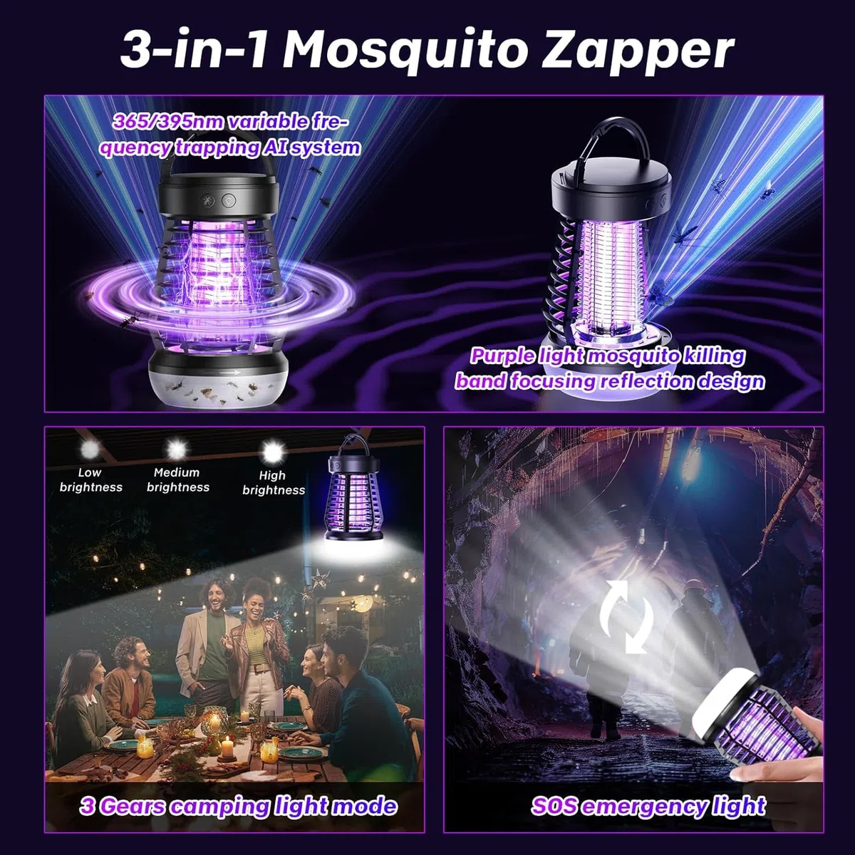 Lámpara Matamosquitos UV 2000V Recargable 2000mAh, Antimosquitos Eléctrico Portátil con Carga USB, Luz LED Suave y SOS, Impermeable IPX4 para Camping, Jardín, Balcón y Dormitorio