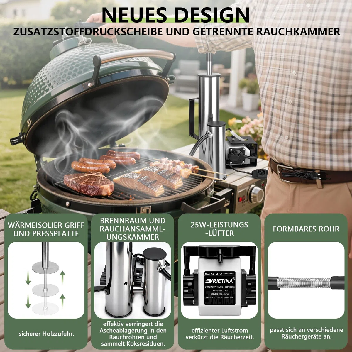Generador de humo frío de acero inoxidable, generador de humo para ahumar eléctrico con bomba de oxígeno de 25 W, cantidad de humo regulable sin niveles, ideal para pescado, carne, queso, barbacoa