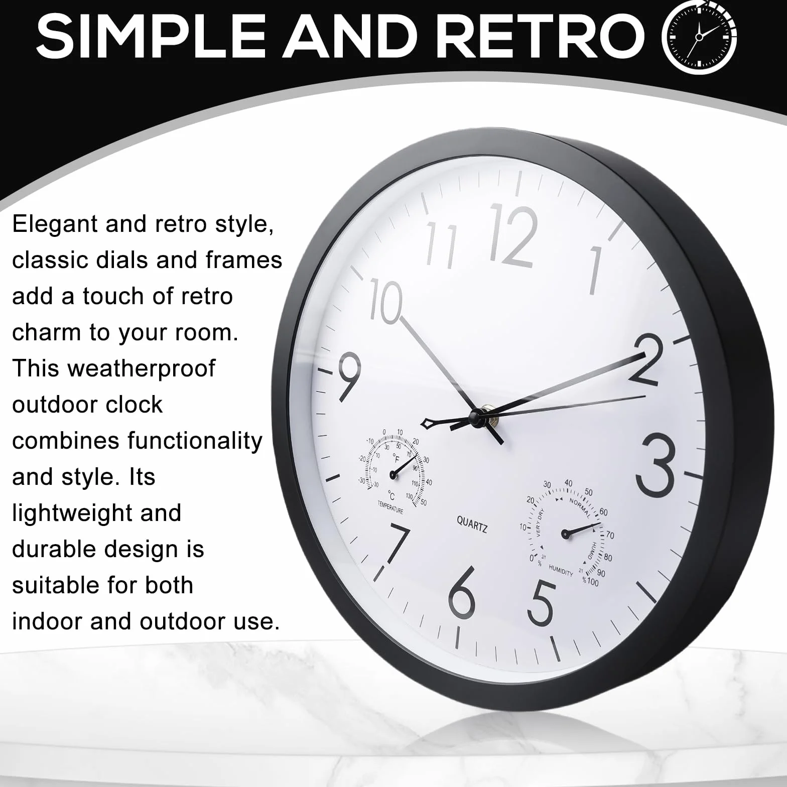 BORDEAG 12 Pulgadas Reloj De Pared, Relojes De Jardín con Termómetro Y Medidor De Humedad, Reloj De Pared Impermeable, Reloj De Jardín Exterior, para Cocina, Dormitorio, Oficina En Casa