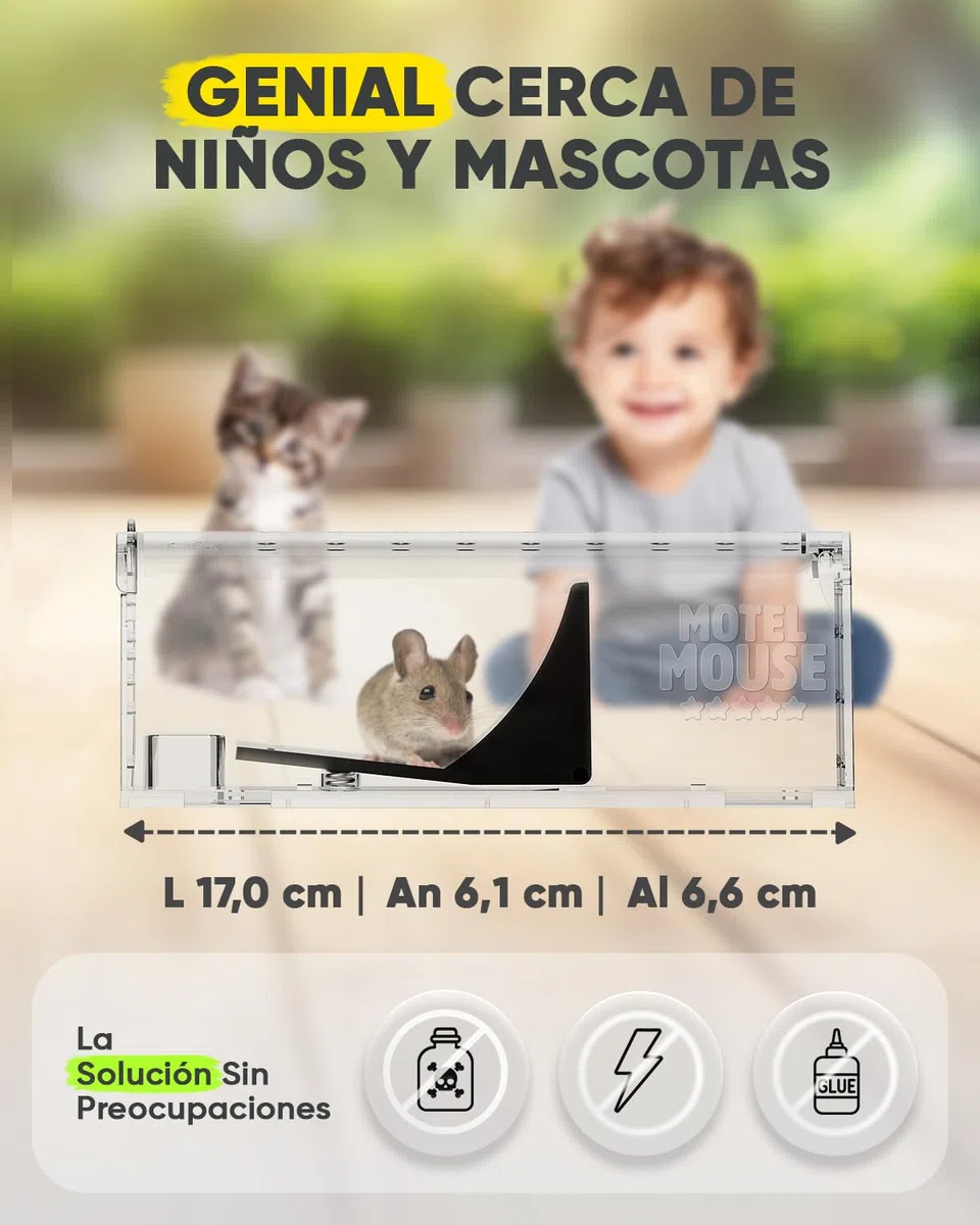 Motel Mouse Trampa Ratones y Ratas Vivos para Interiores y Exteriores - Fácil de Usar, Fácil de Limpiar, Reutilizable, Liberación sin Contacto - con Cepillo de Limpieza