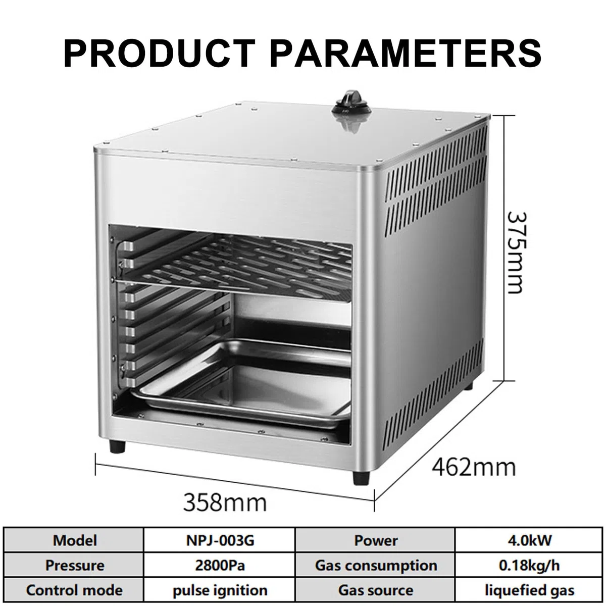 Horno de Gas Comercial de Acero Inoxidable para Carne, Pizza, salmón, Frutas y Verduras, NPJ003G, Temperatura Constante de 800 °C