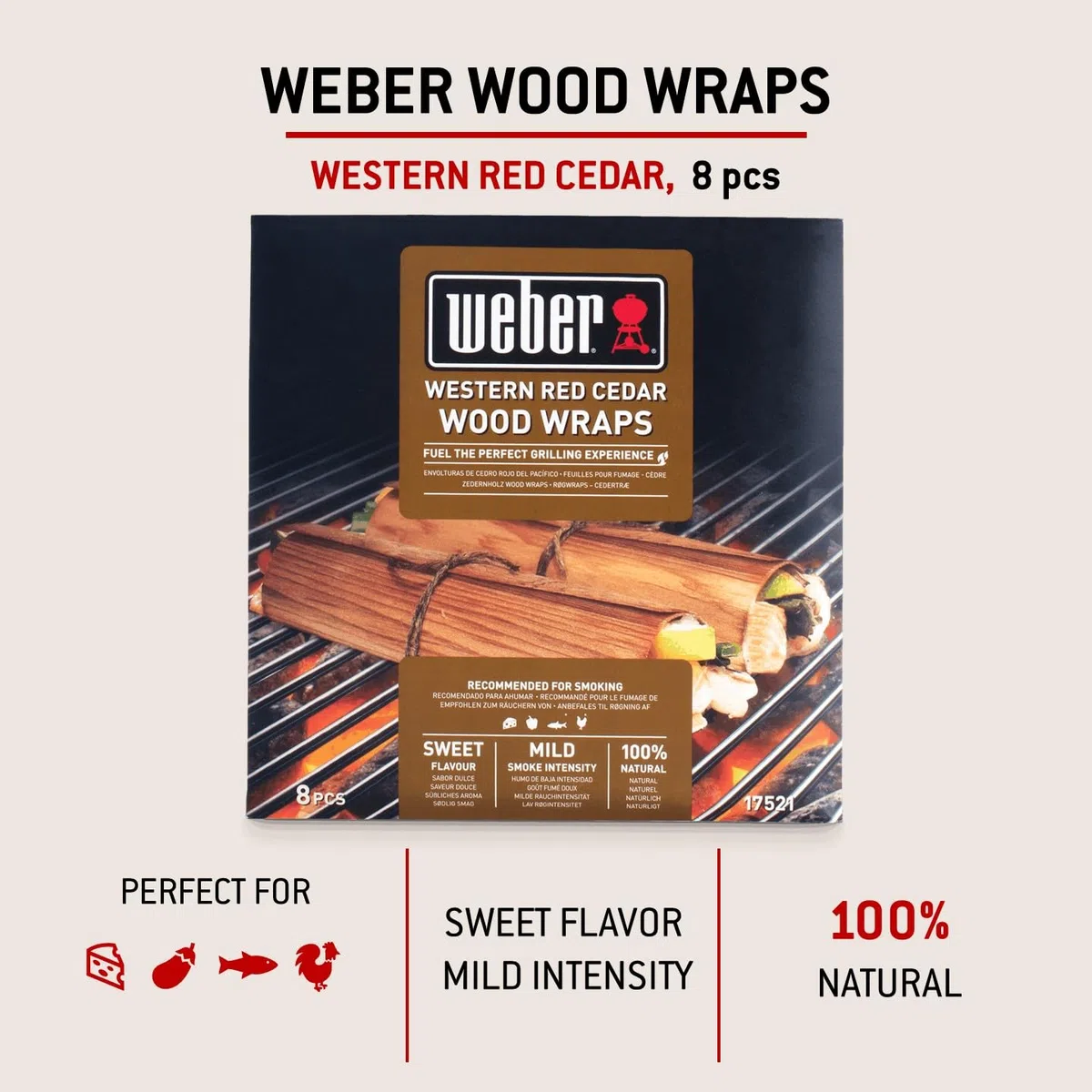 Weber Envolturas de Cedro Rojo del Pacífico para ahumar (Paquete de 8), delgadas y finas de madera de cedro, para envolver alimentos, aromas ligeros de humo, 100% madera natural (17521)
