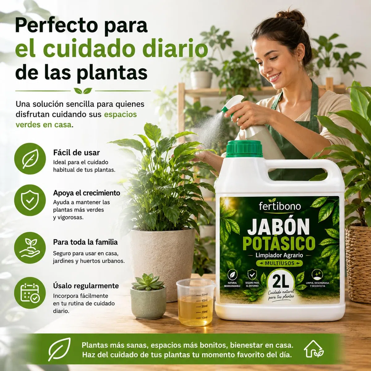 Jabón Potásico Concentrado 2L FERTIBONO para Plantas, Huerto y Jardín | Fórmula Líquida para Diluir y Pulverizar | Uso en Interior y Exterior