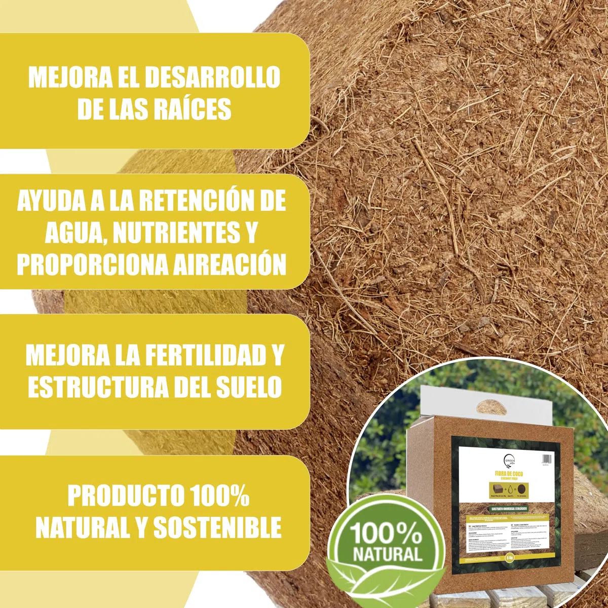 GREENGOF Fibra de Coco Orgánica Bloque 5Kg (70L) - Ladrillo compactado. Sustrato de Origen 100% Natural. Recomendado para Huertos urbanos, Terrarios, Todo Tipo de Plantas y Vermicomposteras.