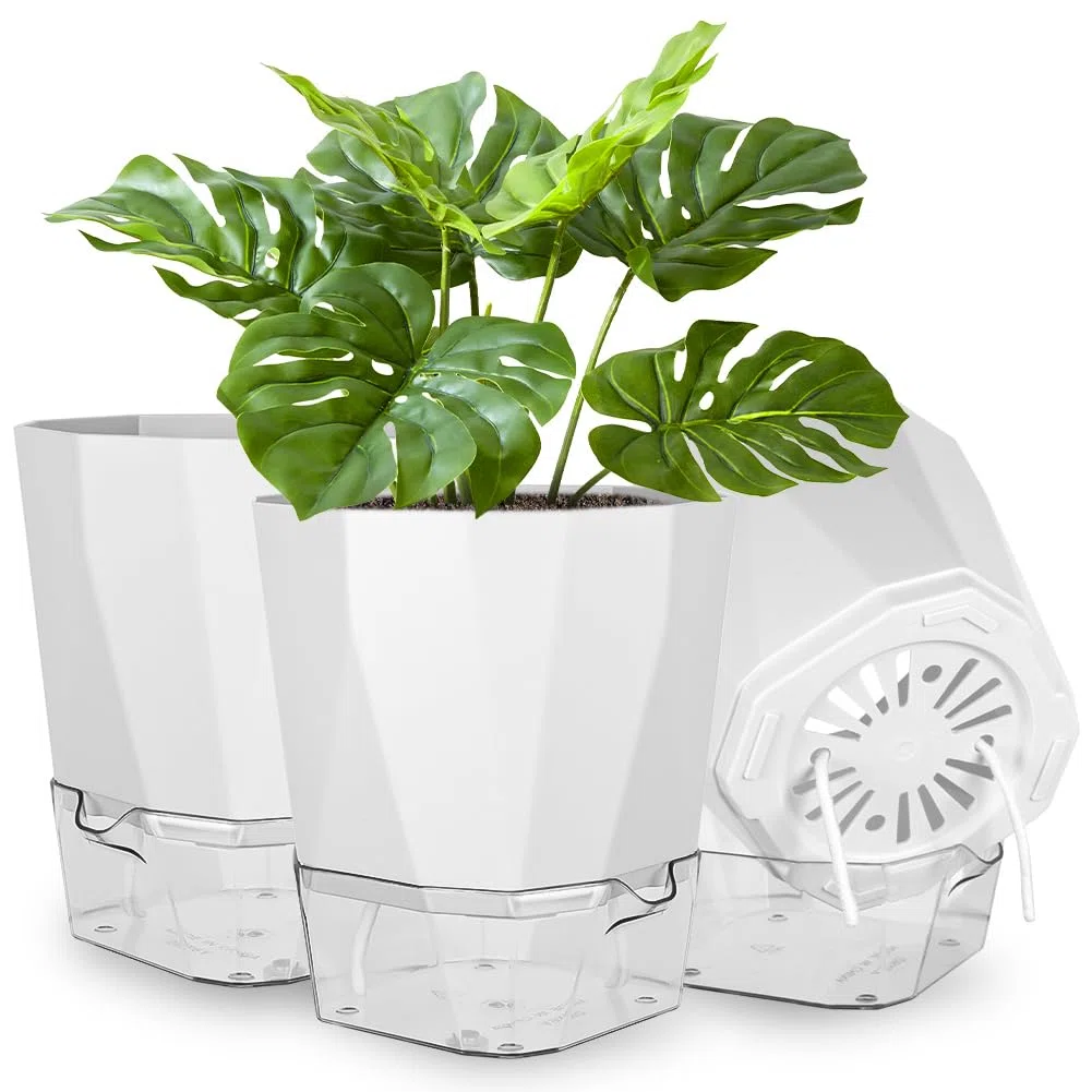 3 Piezas Maceta de Riego Automático, 18CM Macetas de Plástico para Plantas de Interior, Redonda, con Orificios de Drenaje y Bandeja, Maceta de Agua Autorriego para Interiores, Blanco/M