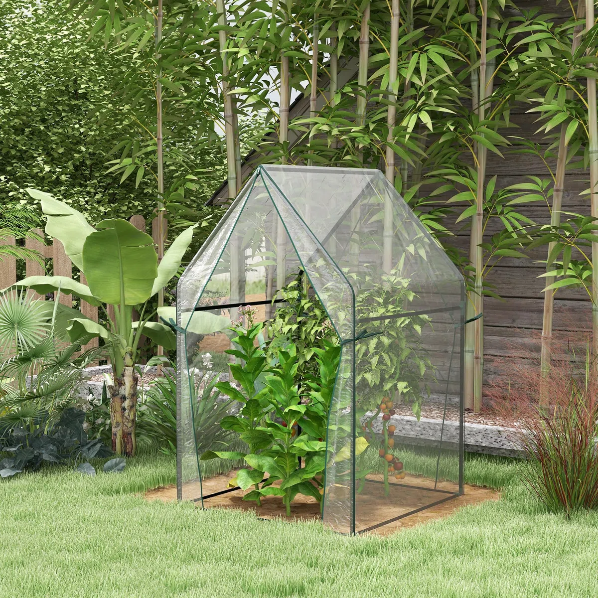 Outsunny Invernadero de Jardín Invernadero de Terraza con 2 Puertas con Cremallera Anti-UV Cubierta de PVC para Cultivo de Plantas Flores Verduras 90x90x145 cm Transparente