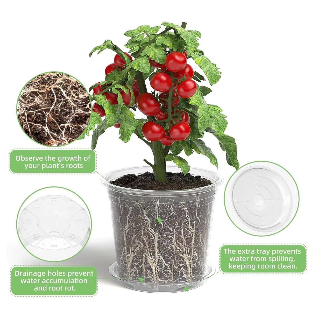 20 macetas de cultivo transparentes con posavasos, macetas de plástico con orificios de drenaje, ideales para interiores y exteriores (10/13/15/18 cm)