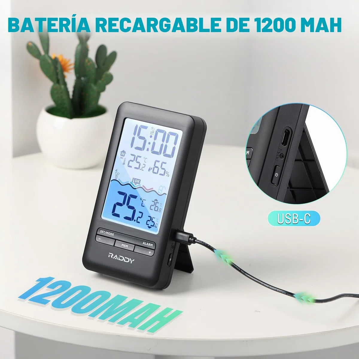 Raddy PT-5 WIFI Termómetro de piscina, Sensor flotante inalámbrico, consola interior, Monitoreo remoto por aplicación, IPX8, recargable con energía solar y USB-C, para piscina, jacuzzi