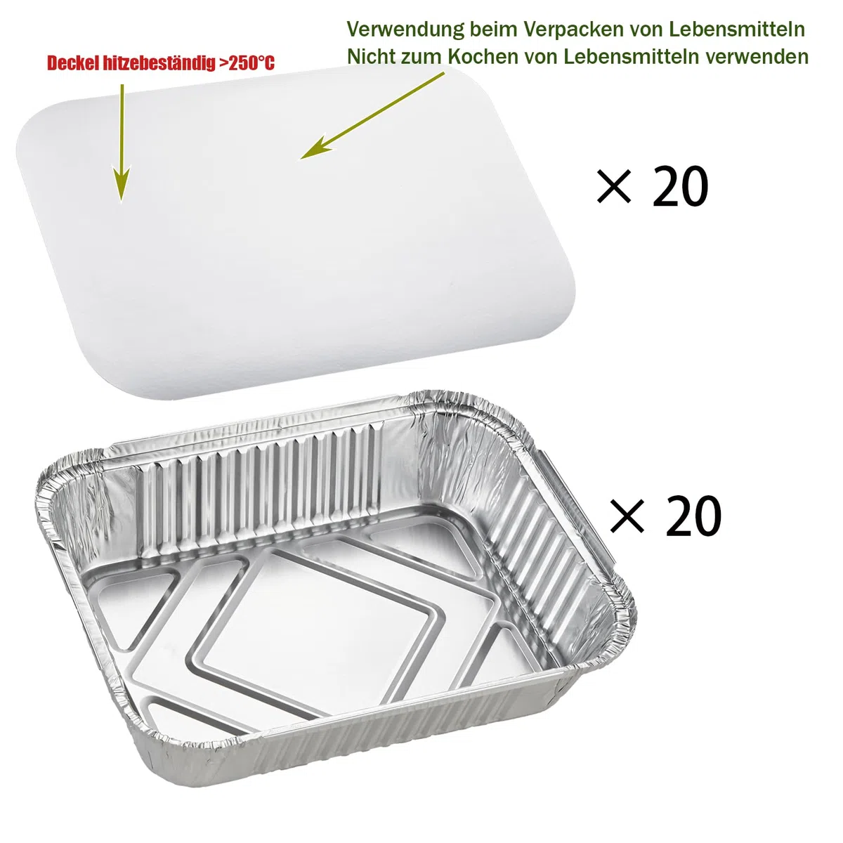 Bandejas de aluminio con tapa, 20 unidades, 1900 ml, 26 x 19 x 6 cm, bandejas desechables de aluminio, bandejas de goteo grandes, desechables para barbacoa de gas y cubiertos de viaje, juego
