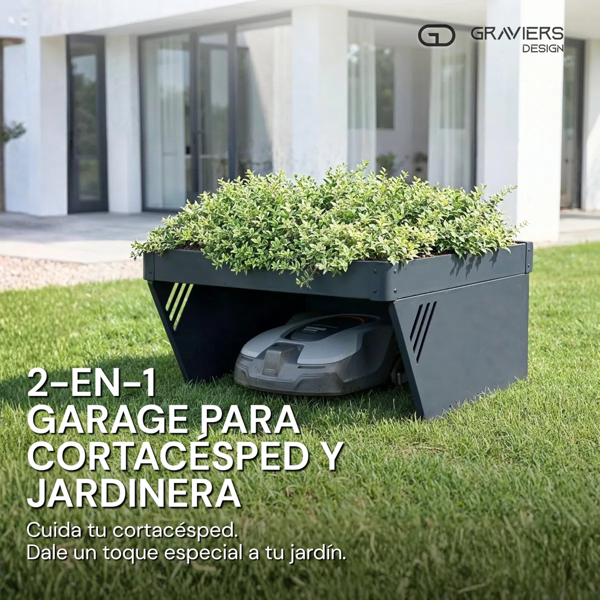 Graviers Garaje para robot cortacésped con jardinera, antracita RAL 7016, techo para robot de césped, protección solar y protección contra la lluvia, acero 60 x 70 x 39,6 cm