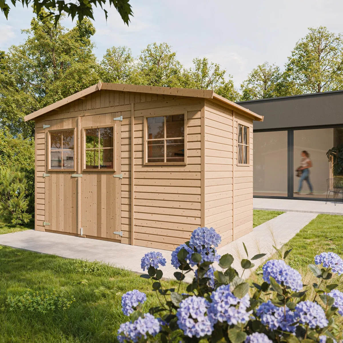 Caseta de Jardín Exterior de Madera 6,03 m², Cobertizo para Bicicletas, Caseta de Almacenamiento, Pared de 17 mm, Ventana, TIMBELA M334+M334G