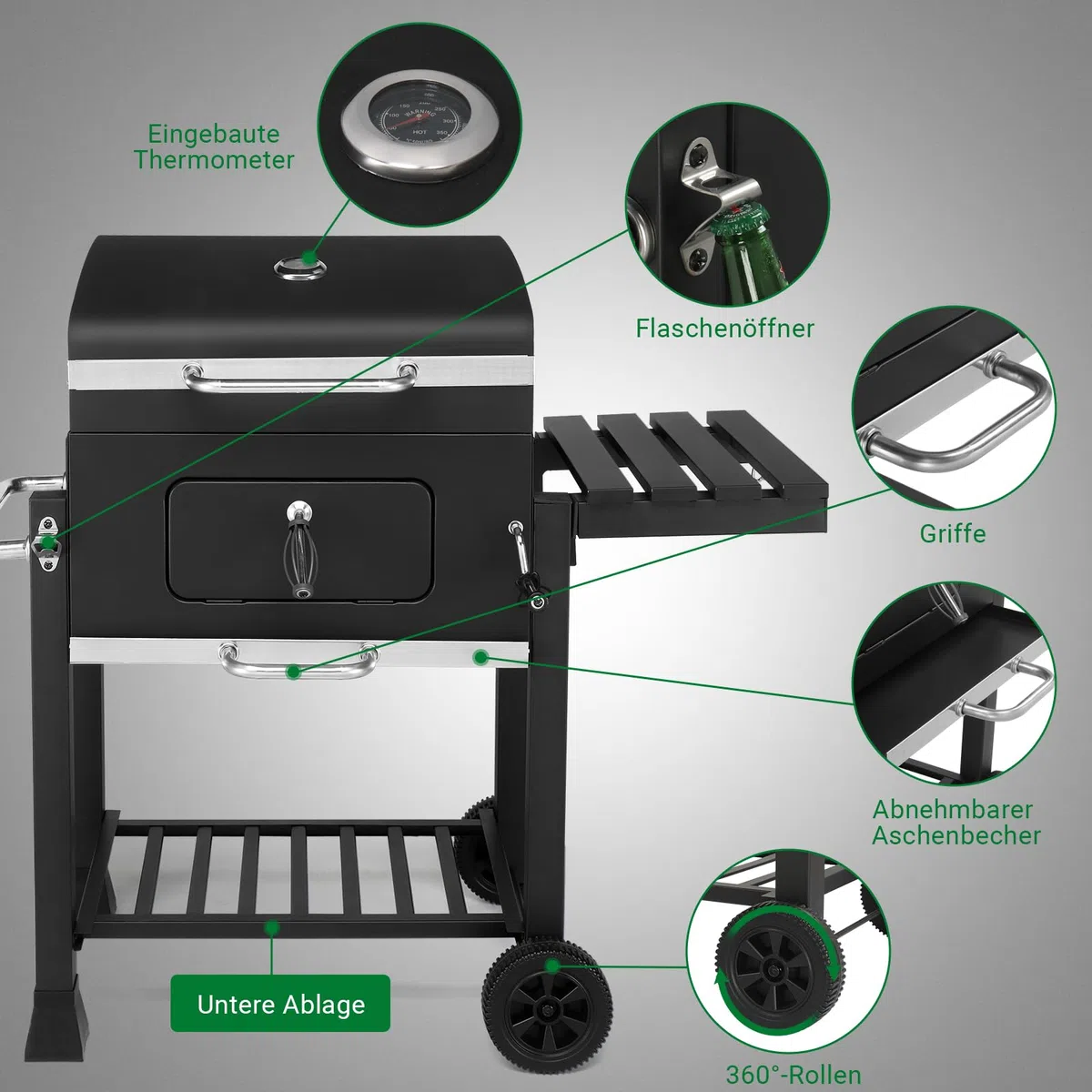 LEADZM Barbacoa de carbón con diseño de doble cámara, carrito de barbacoa portátil de primera calidad, ahumador de metal para jardín y terraza, con mesa auxiliar, parrilla grande y regulador de