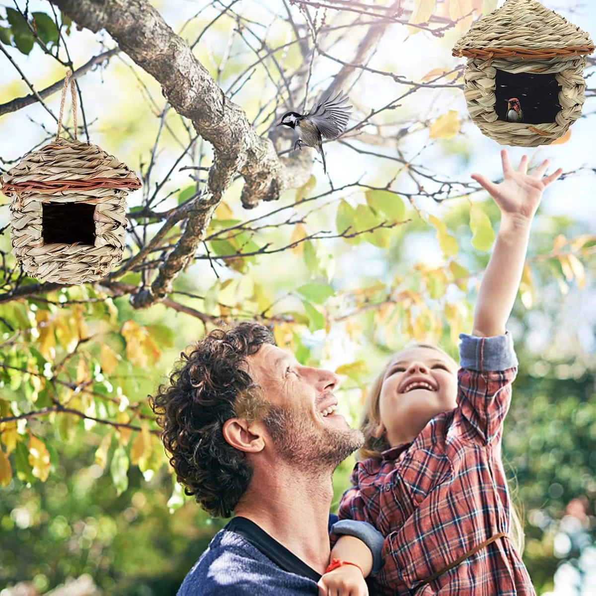 2 Piezas Nido de Pájaros Tejidas a Mano para Exterior, Casita de Paja para Colibríes, Gorriones y Otras Aves Pequeñas