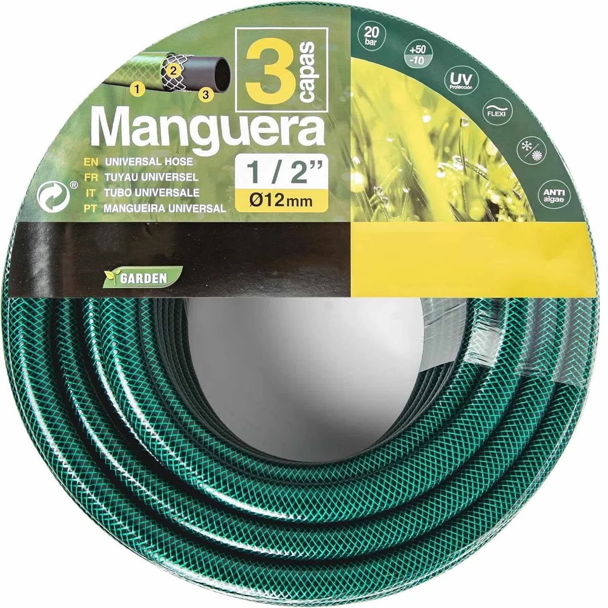 TECHZOCO Manguera de jardín, Manguera de agua elástica y flexible, Fabricada en tela cruzada de poliéster, presión de rotura de 20 bar, 3 Capas, Diámetro 1/2" (12 mm), Verde, Longitud de 10 Metros