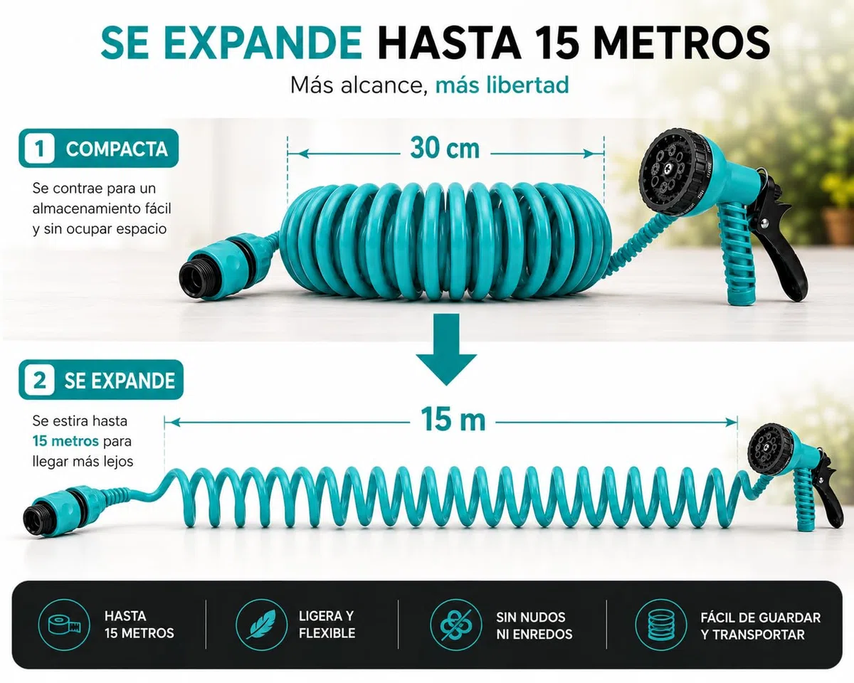 Manguera Extensible de Jardín 15m, manguera de riesgo agua .Manguera en espiral de jardín, Manguera de agua extensible, Manguera de riego espiral, 8 modalidades de riesgo.