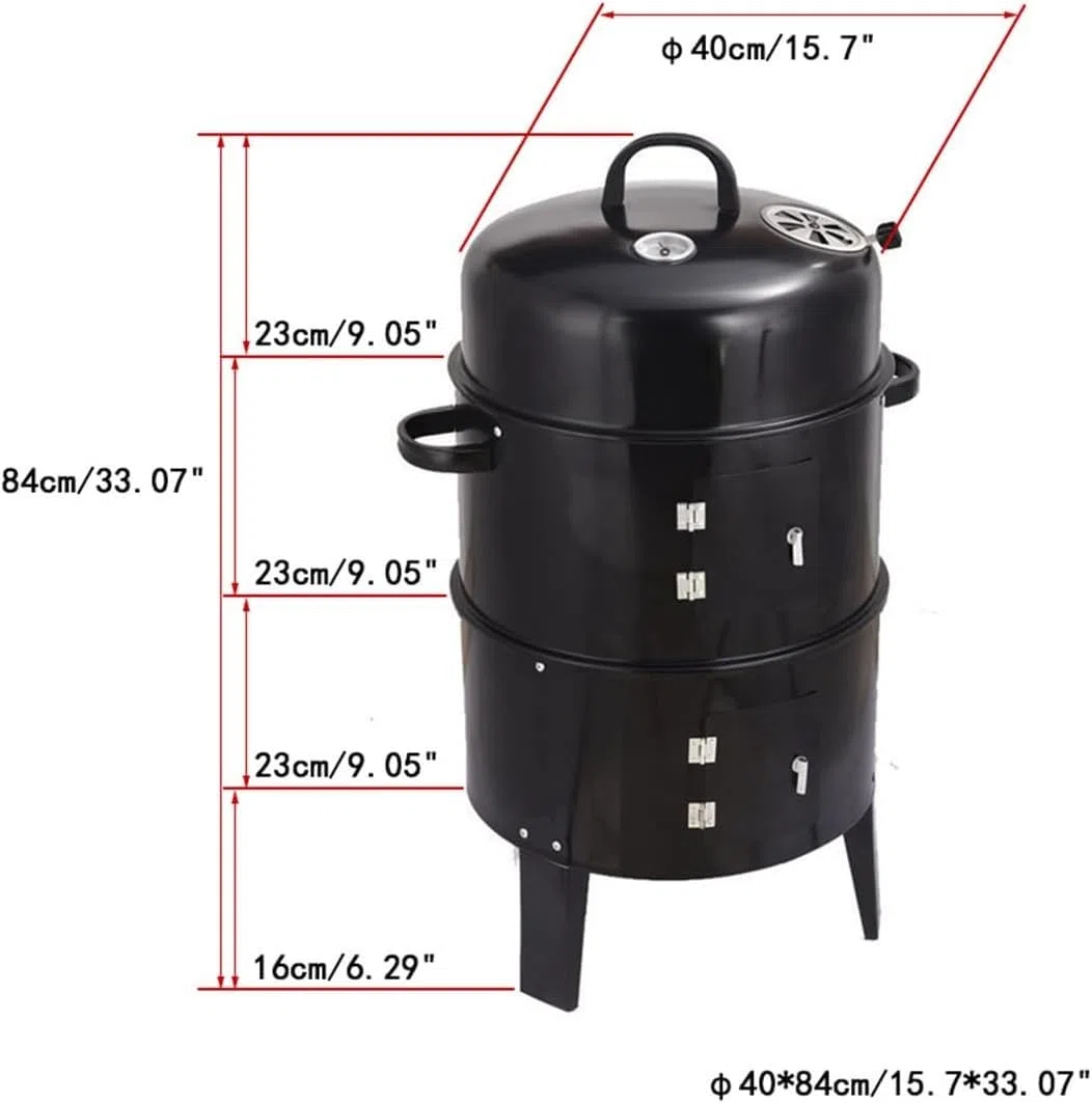 Parrilla ahumadora de carbón, ahumador de barbacoa de acero resistente con control de temperatura, ahumador redondo portátil para carne, pescado y verduras