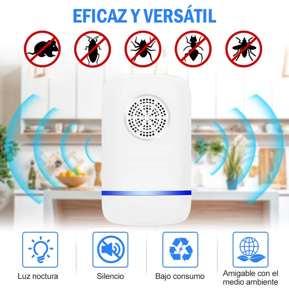 Repelente Ultrasónico de Plagas, Antimosquitos Electrónico Control de Mosquitos Hormigas, Cucarachas, Moscas, Arañas, Chinches, Ahuyentador de Ratas y Ratones para Interiores (2 Piezas)