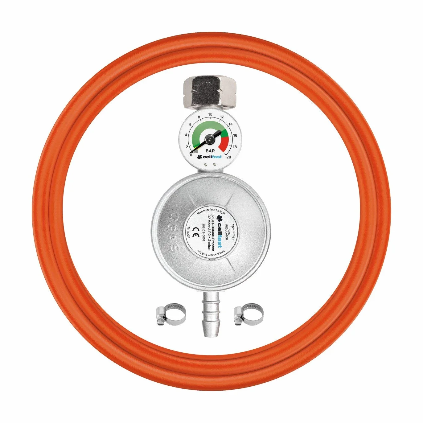 Cellfast Juego de conexión de propano-butano con manómetro, válvula de Seguridad, para Todo Tipo de Cilindros, Gas: GLP, propano, butano, 52-506