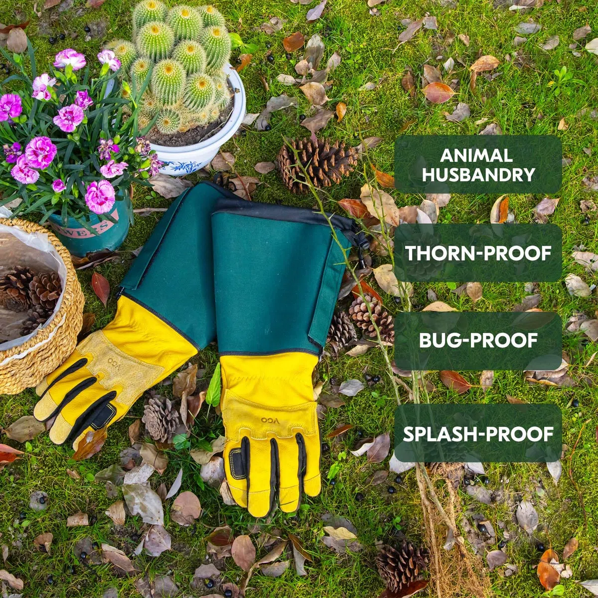 Vgo... Guantes de Jardinería(6.7" Gauntlet Anti-Espinas) Cuero de Vaca, Pantallas Táctiles, Resistencia a la Abrasión para Paisajismo, Poda de Rosales, Bricolaje Exterior(CA7472-UN,Amarillo,XL,1 par)