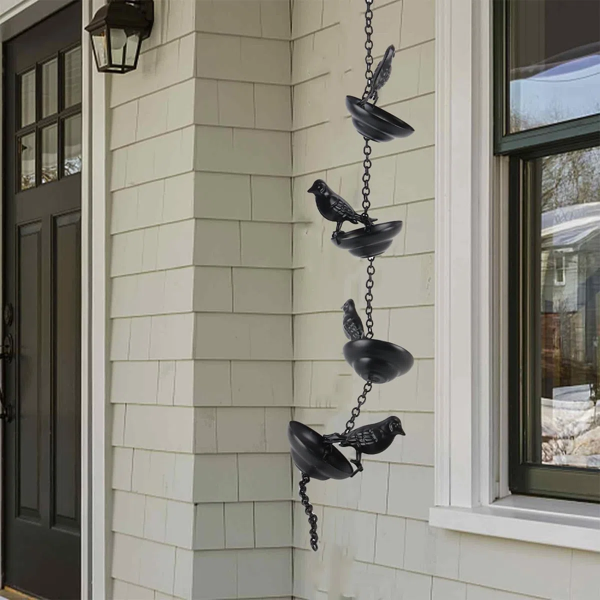 Namvo Cadena De Lluvia con Forma De Pájaro para Exteriores, Decorativa, Colgante, para Inauguración De La Casa, Canaletas Decorativas, Móvil, Pájaros En Tazas, Campanillas De Lluvia Negras