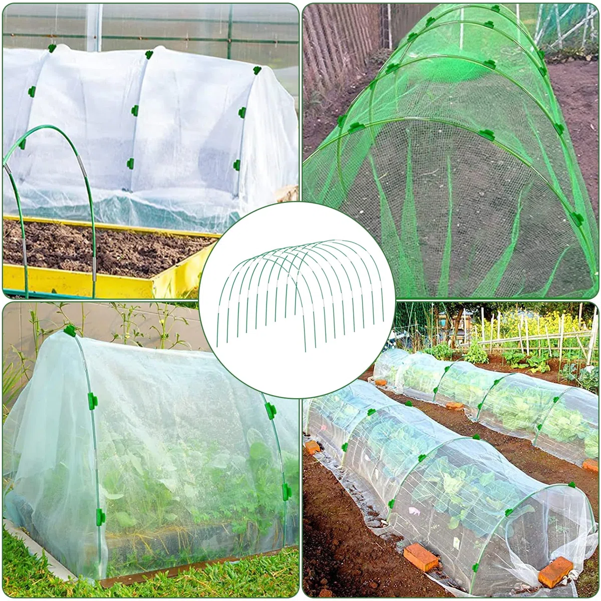 Aros de invernadero para camas elevadas, 36 aros de jardín de 17 pulgadas para túnel de red, aros desmontables de fibra de vidrio con 18 clips de red, aros de soporte, aros de jardín para red de